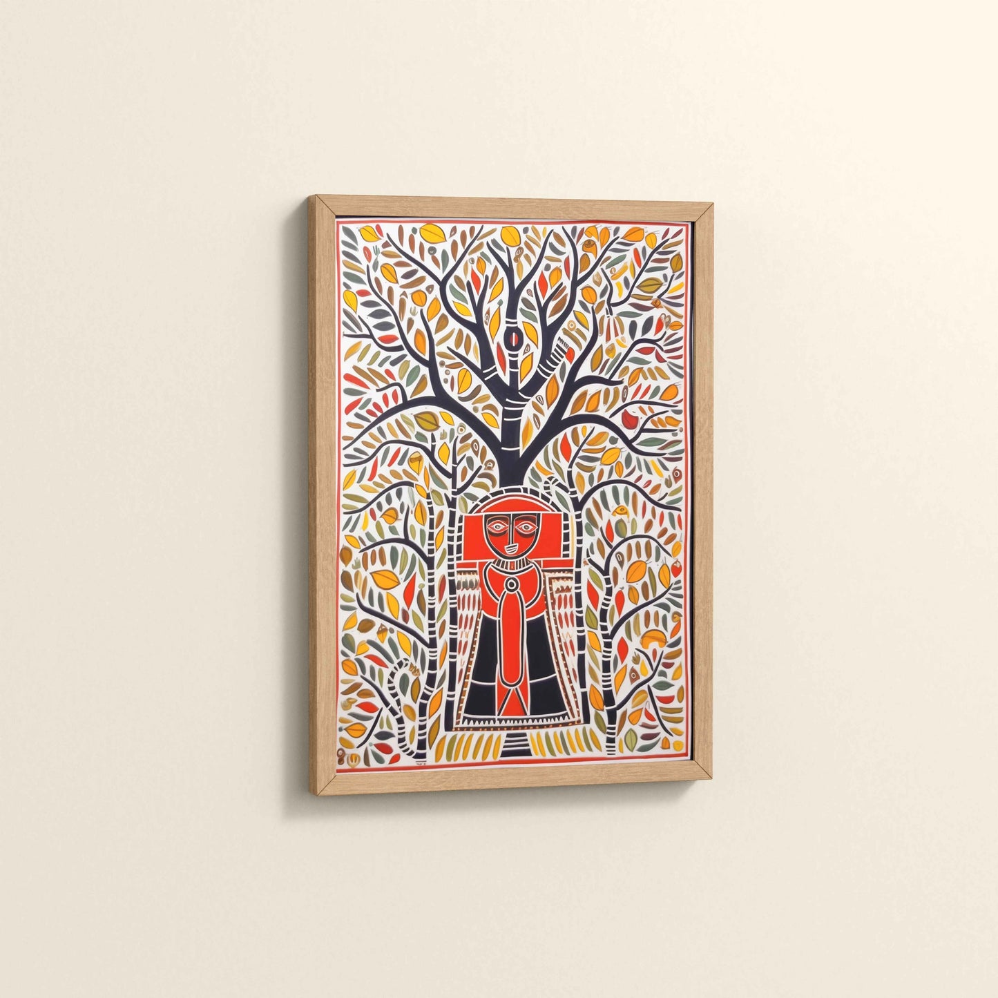 Side View of Tree of Life with Tribal Guardian – Warli Art Frame in Natrual Color Frame