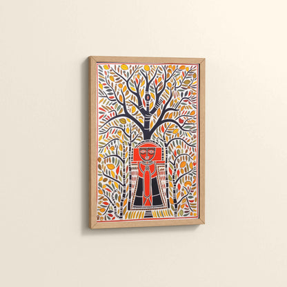 Side View of Tree of Life with Tribal Guardian – Warli Art Frame in Natrual Color Frame