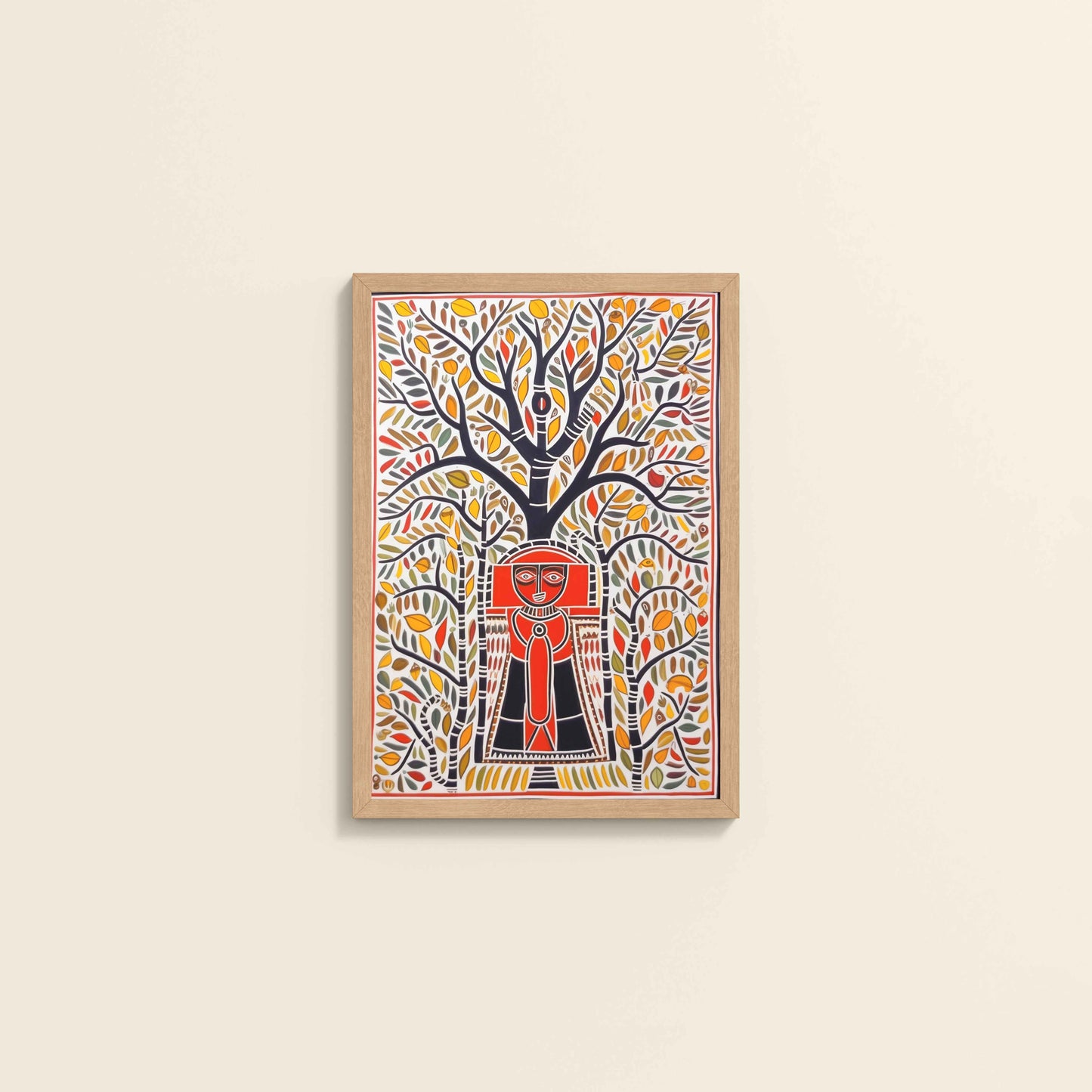 Wall View of Tree of Life with Tribal Guardian – Warli Art Frame in Natrual Color Frame
