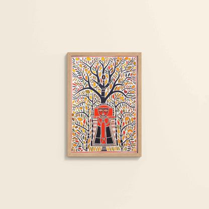 Wall View of Tree of Life with Tribal Guardian – Warli Art Frame in Natrual Color Frame