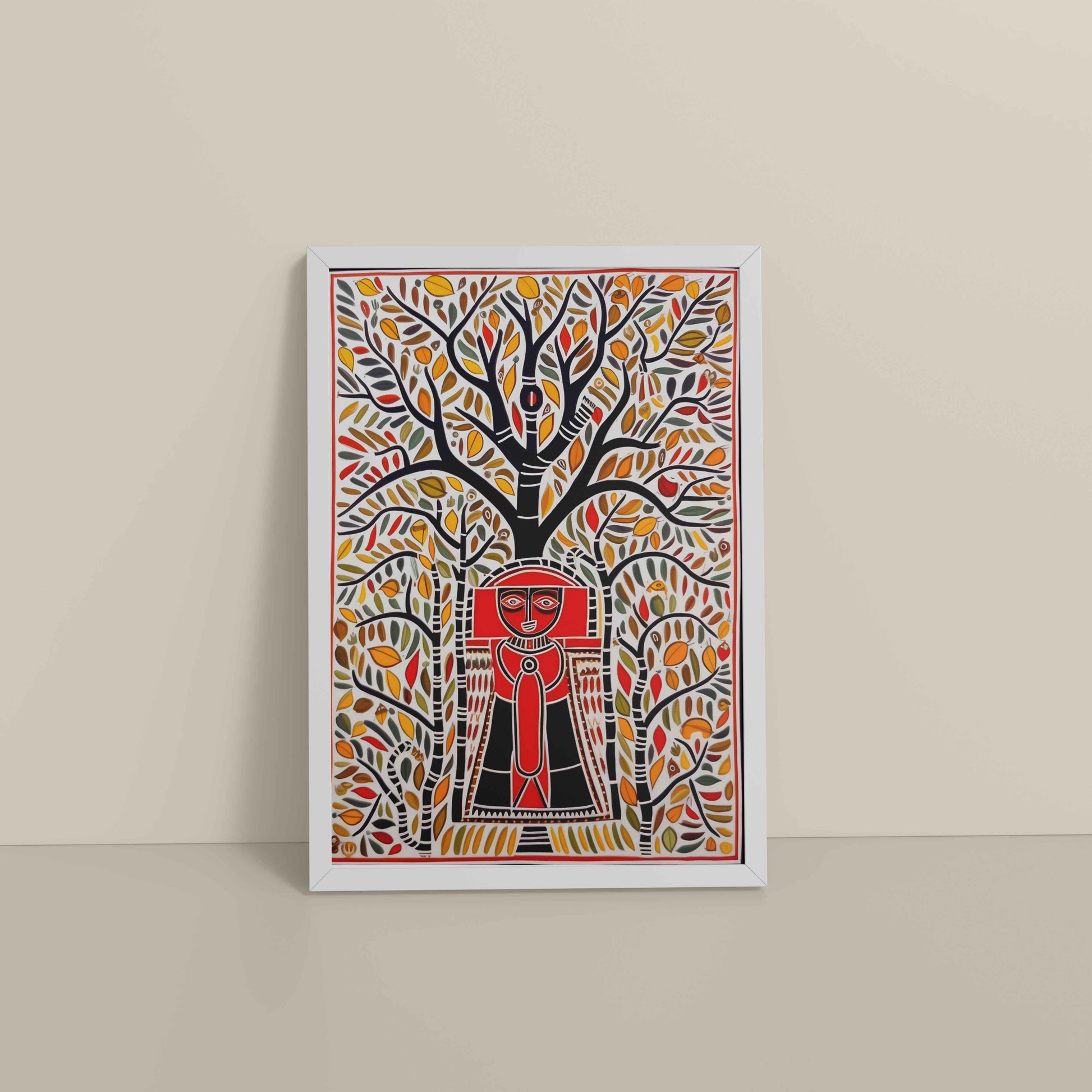 Floor View of Tree of Life with Tribal Guardian – Warli Art Frame in White Color Frame