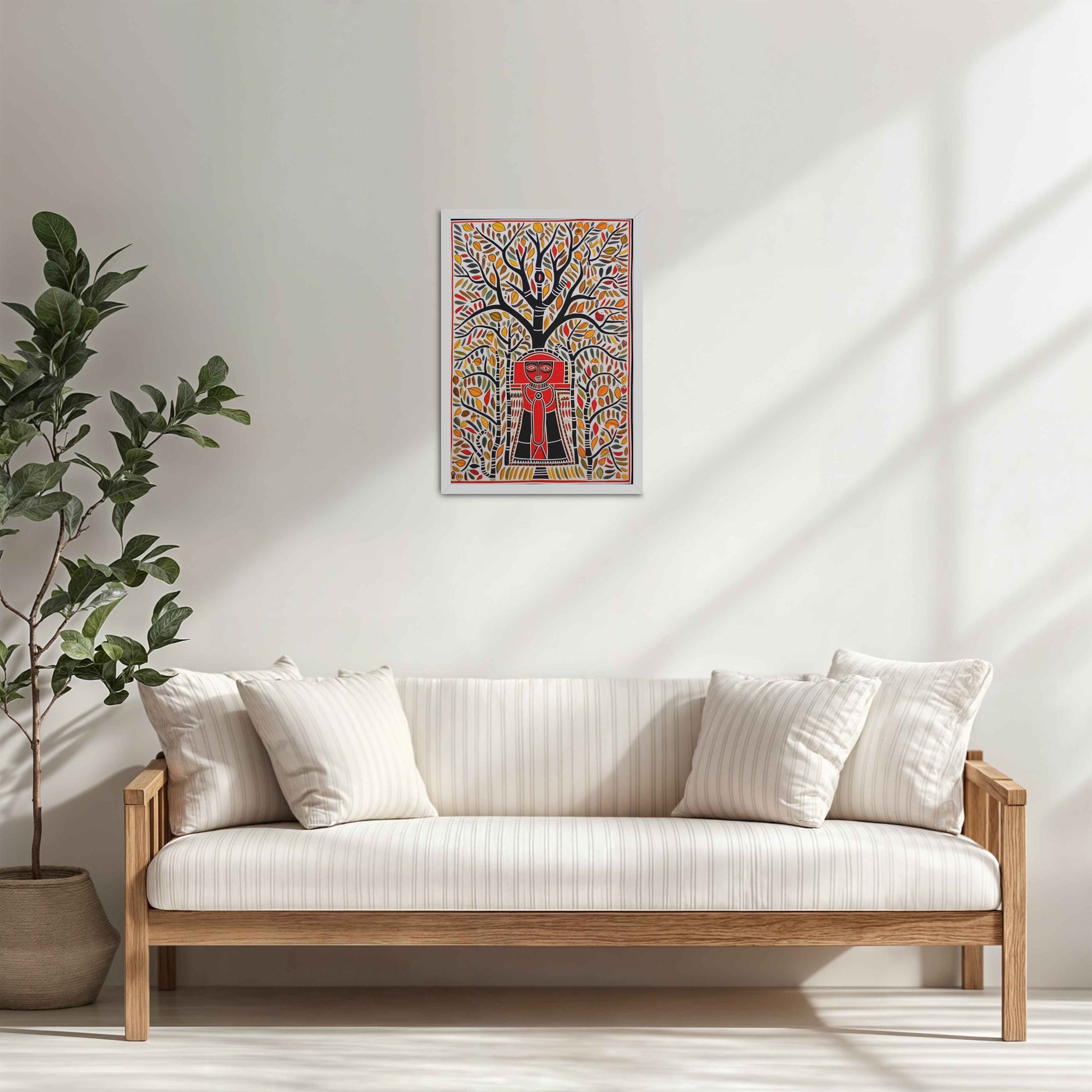 Living Room Cabinet Table Preview of Tree of Life with Tribal Guardian – Warli Art Frame in White Color Frame