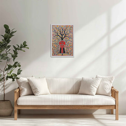 Living Room Cabinet Table Preview of Tree of Life with Tribal Guardian – Warli Art Frame in White Color Frame