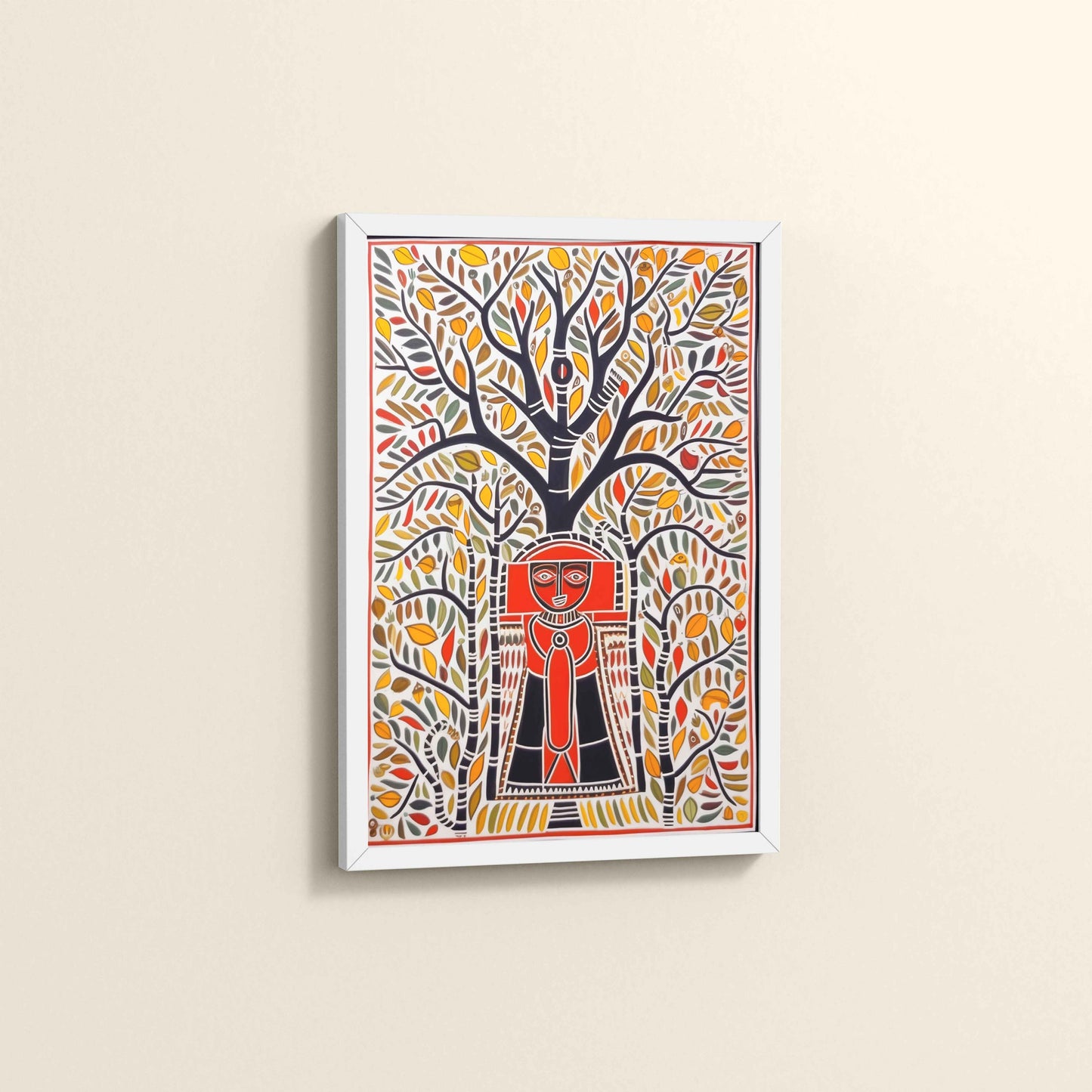 Side View of Tree of Life with Tribal Guardian – Warli Art Frame in White Color Frame