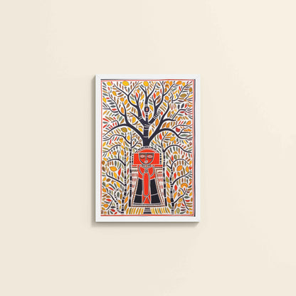 Wall View of Tree of Life with Tribal Guardian – Warli Art Frame in White Color Frame