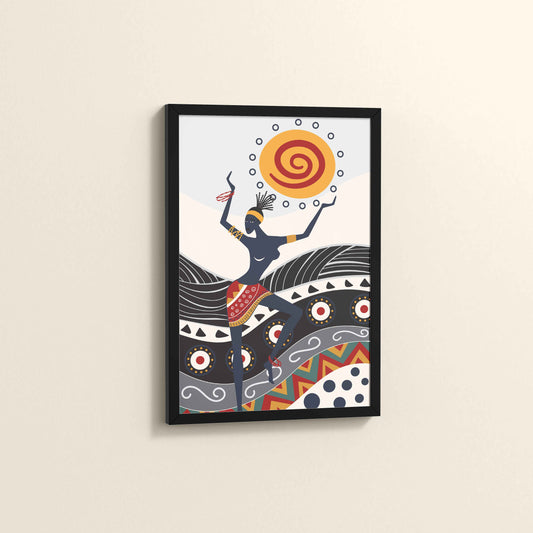 Side View of Dancing with the Sun – Vibrant Tribal Wall Decor in Black Color Frame