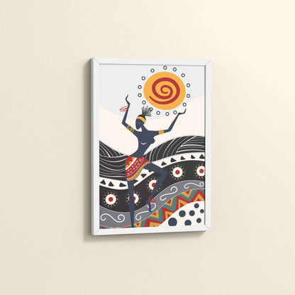 Side View of Dancing with the Sun – Vibrant Tribal Wall Decor in White Color Frame