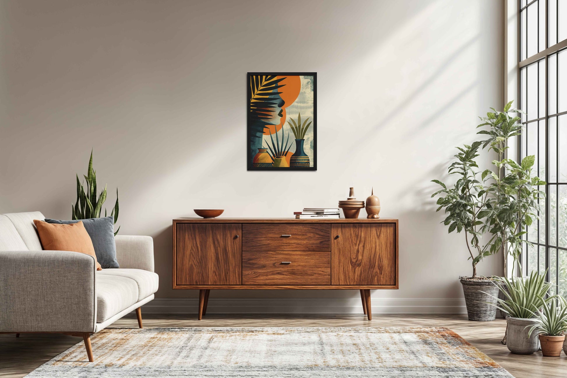 Living Room Sofa Preview of Woman and Nature – Abstract Decorative Wall Decor in Black Color Frame