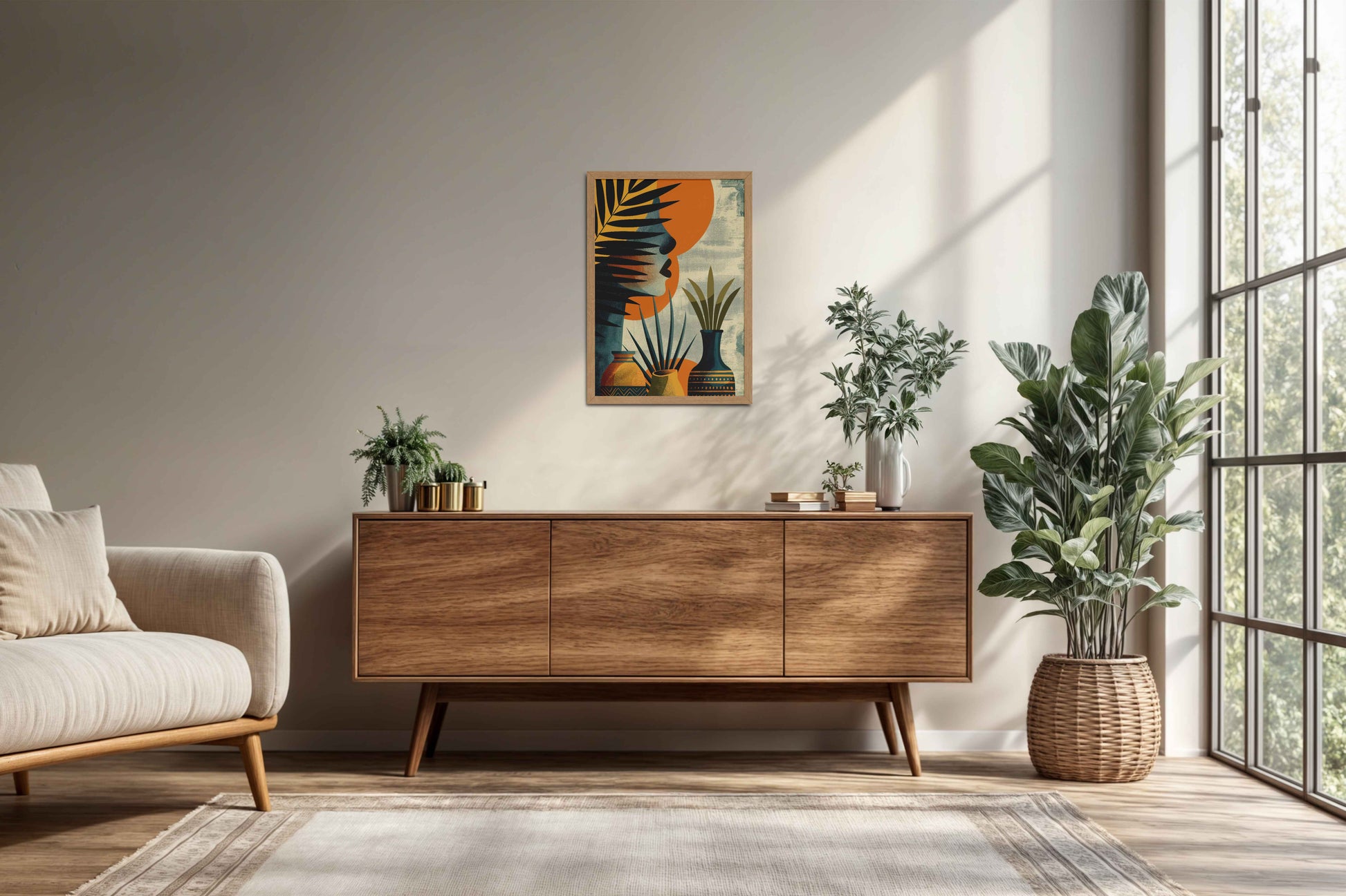 Living Room Cabinet Preview of Woman and Nature – Abstract Decorative Wall Decor in Natrual Color Frame