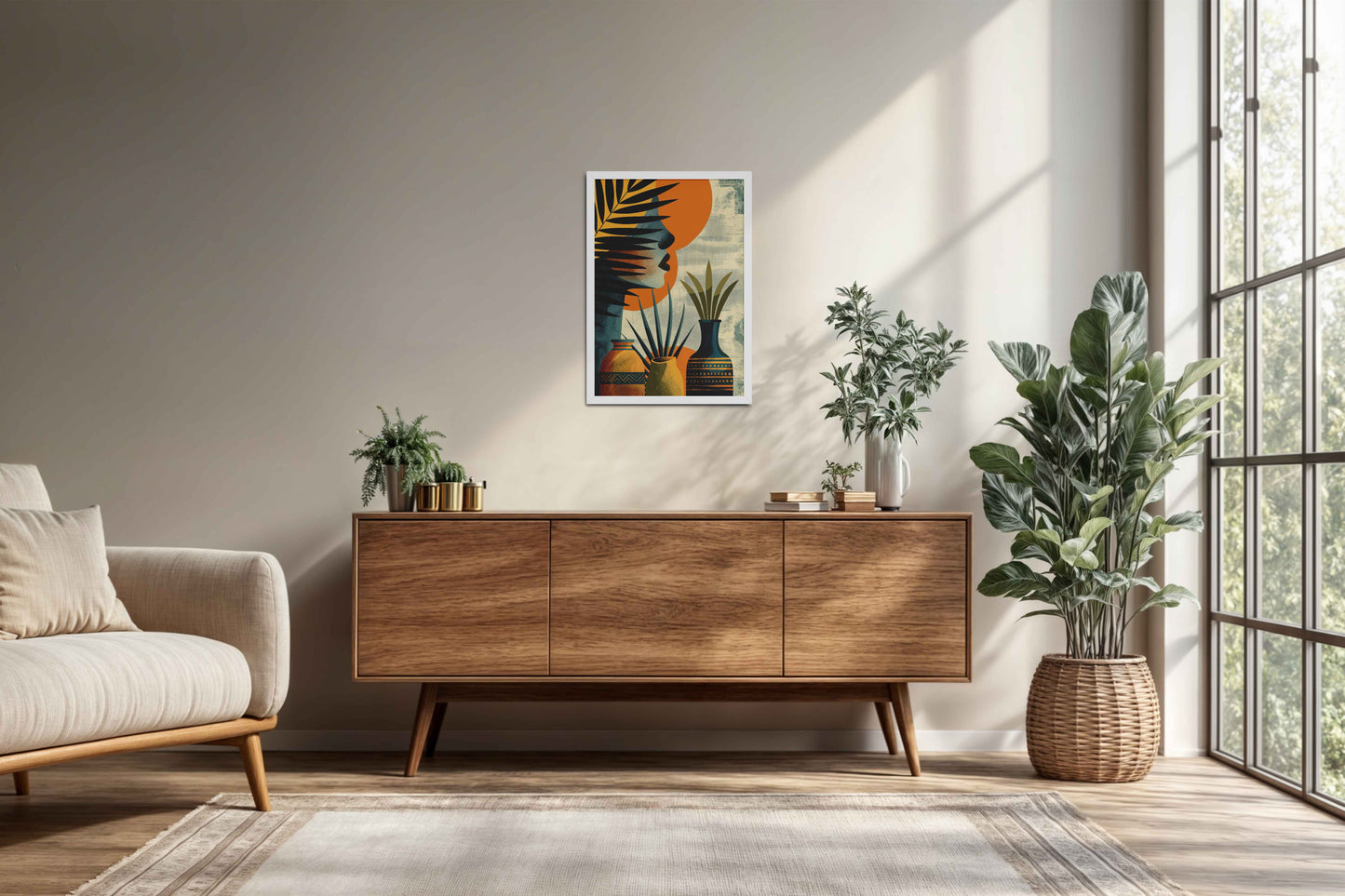 Living Room Sofa Preview of Woman and Nature – Abstract Decorative Wall Decor in White Color Frame