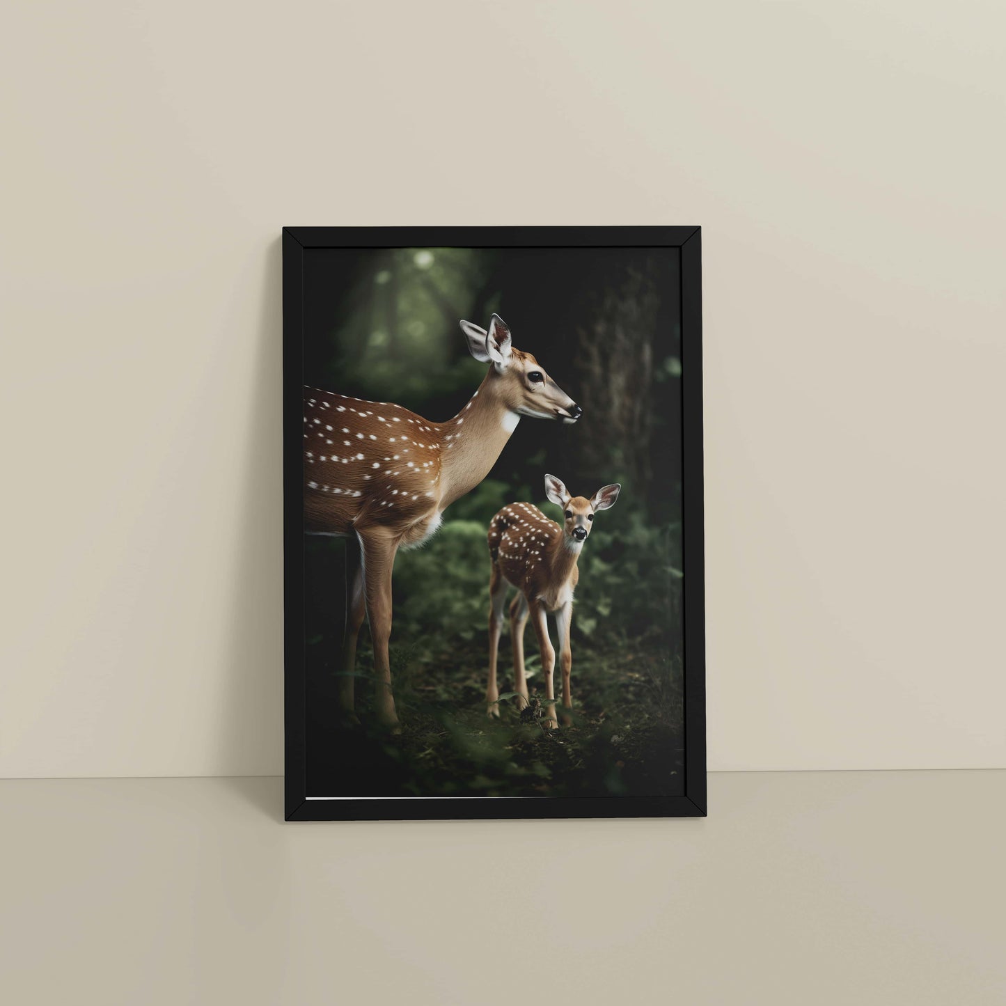 Floor View of Nature’s Beauty– Mother Deer and Fawn Wall Decor in Black Color Frame
