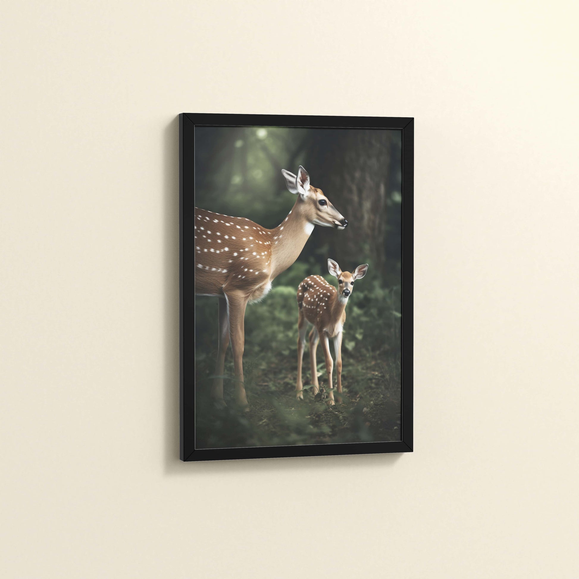 Side View of Nature’s Beauty– Mother Deer and Fawn Wall Decor in Black Color Frame