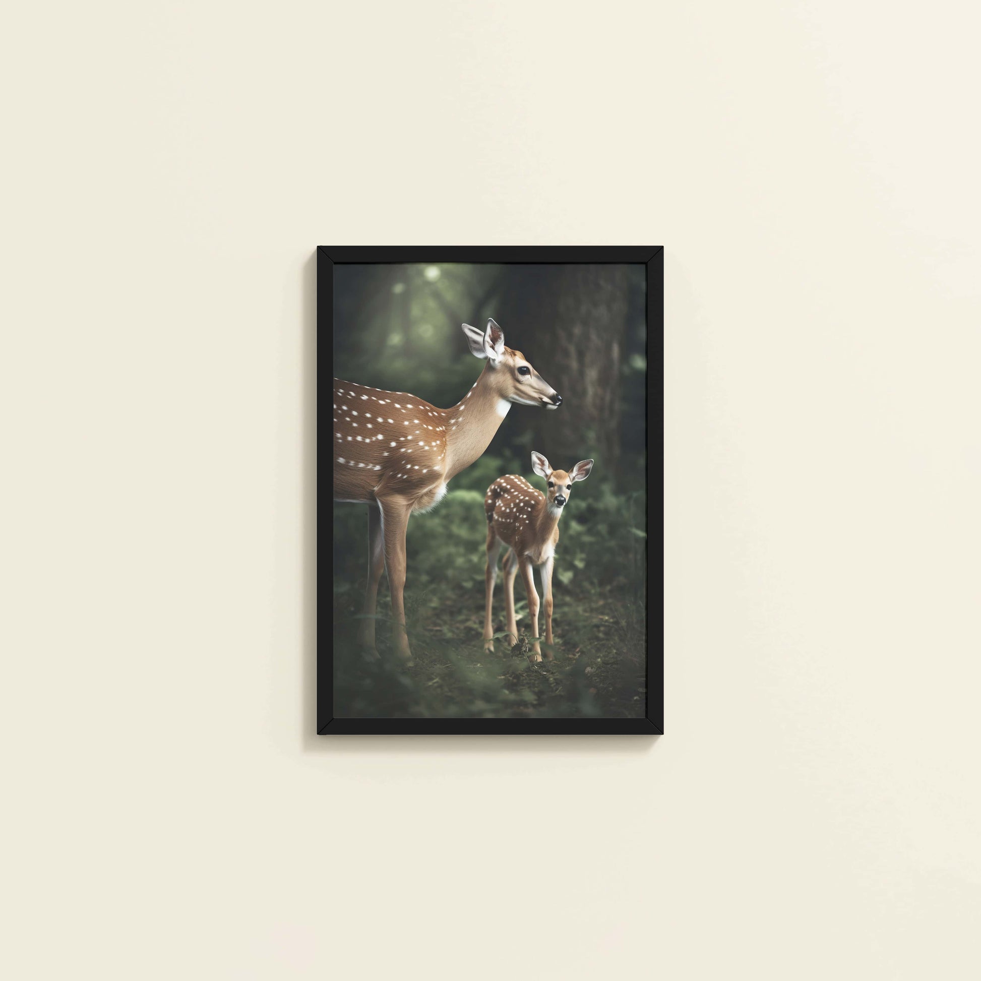 Wall View of Nature’s Beauty– Mother Deer and Fawn Wall Decor in Black Color Frame