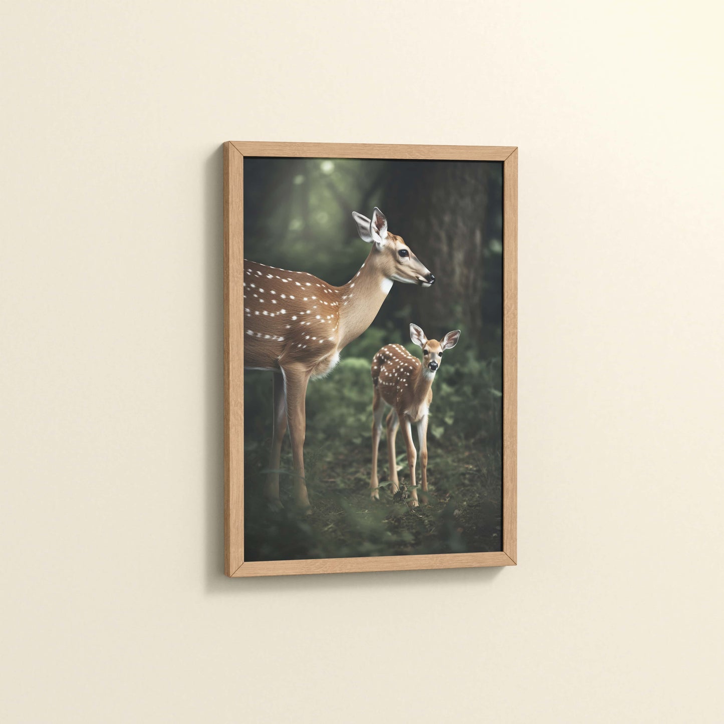 Side View of Nature’s Beauty– Mother Deer and Fawn Wall Decor in Natrual Color Frame
