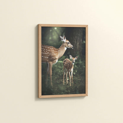 Side View of Nature’s Beauty– Mother Deer and Fawn Wall Decor in Natrual Color Frame
