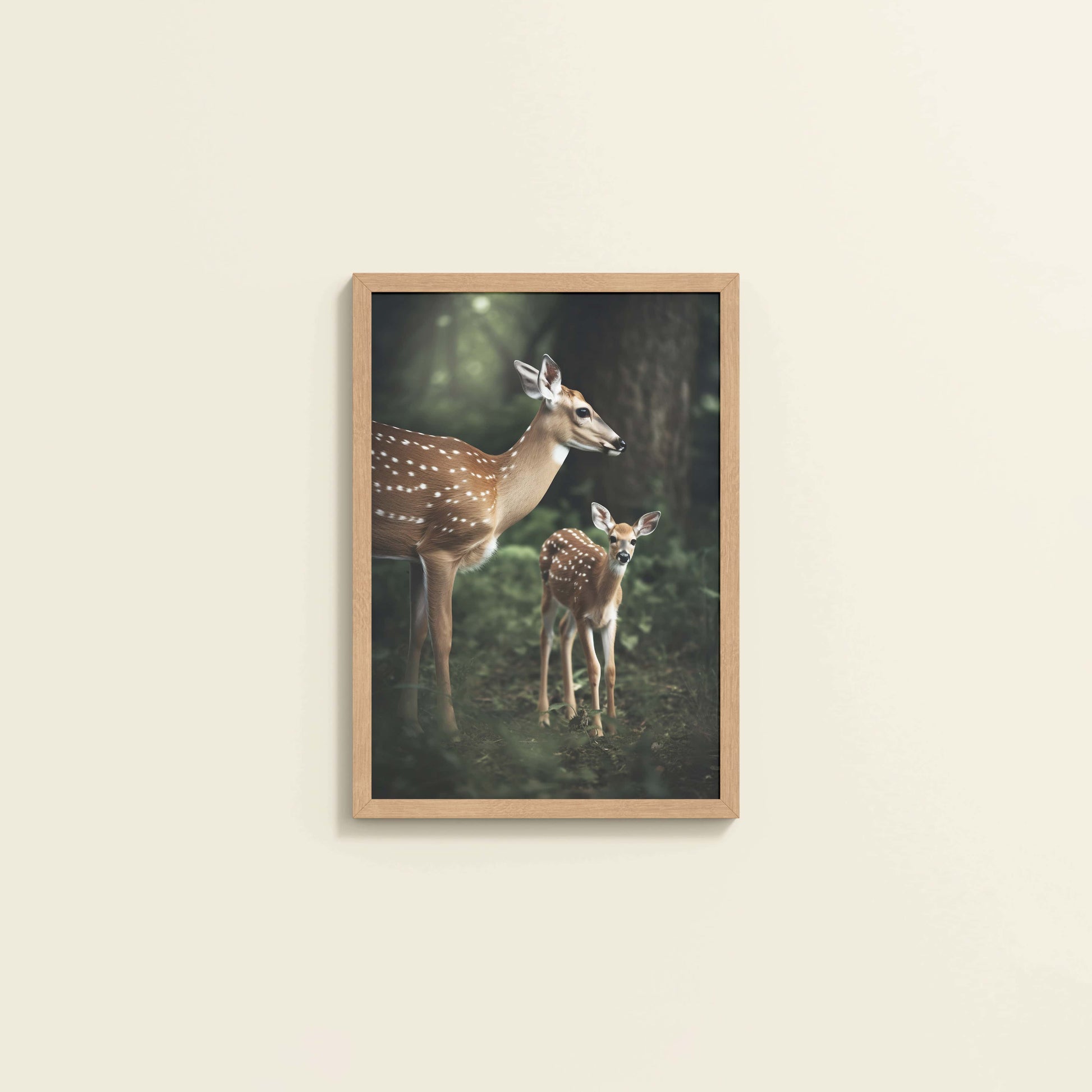 Wall View of Nature’s Beauty– Mother Deer and Fawn Wall Decor in Natrual Color Frame