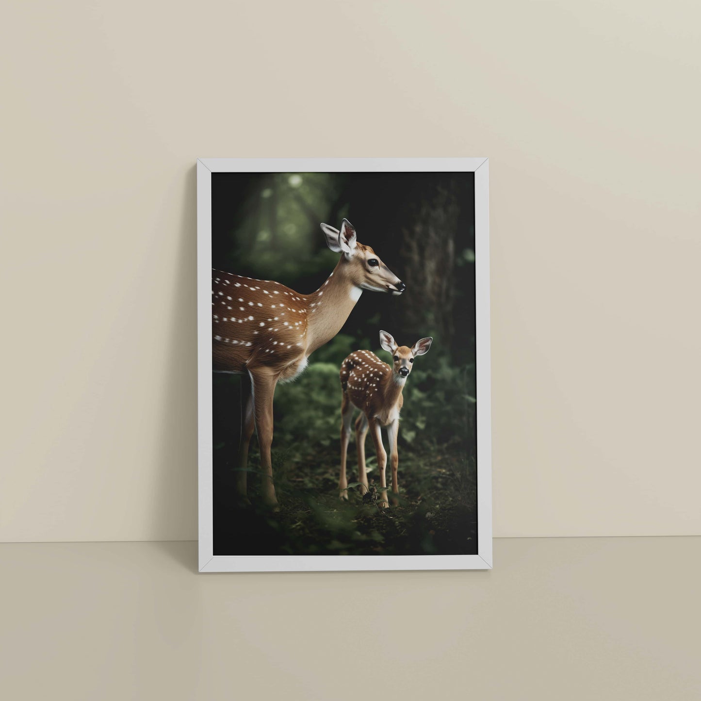Floor View of Nature’s Beauty– Mother Deer and Fawn Wall Decor in White Color Frame