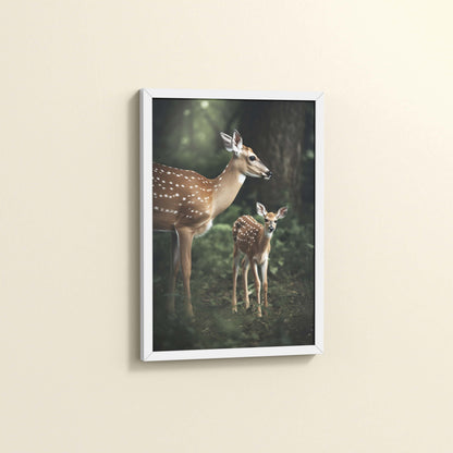 Side View of Nature’s Beauty– Mother Deer and Fawn Wall Decor in White Color Frame