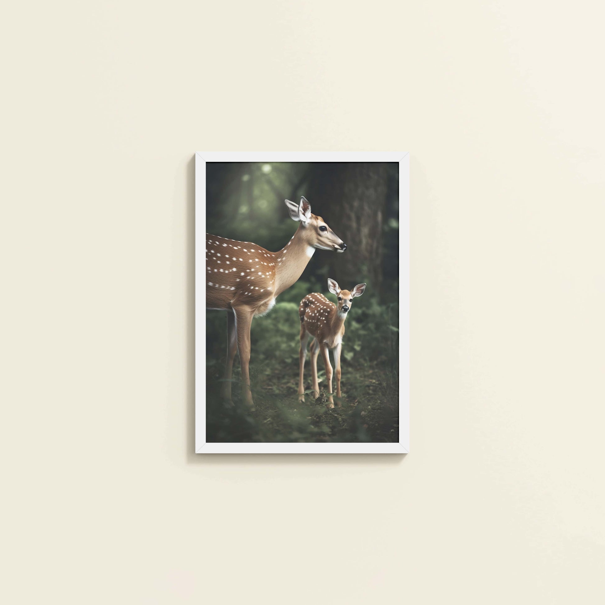Wall View of Nature’s Beauty– Mother Deer and Fawn Wall Decor in White Color Frame