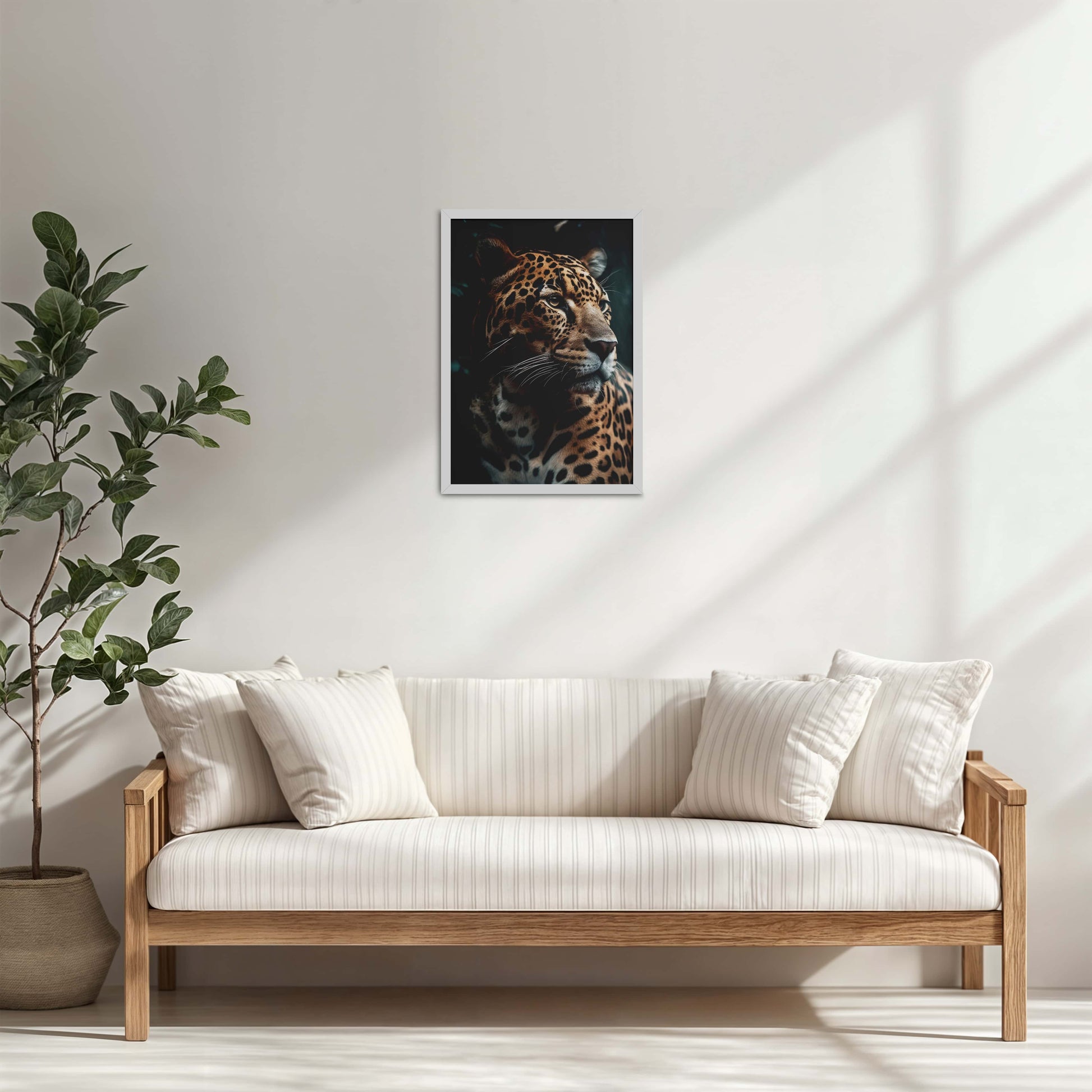 Living Room Cabinet Table Preview of Silent Strength – Leopard in Nature Wall Art Frame in White Color Frame