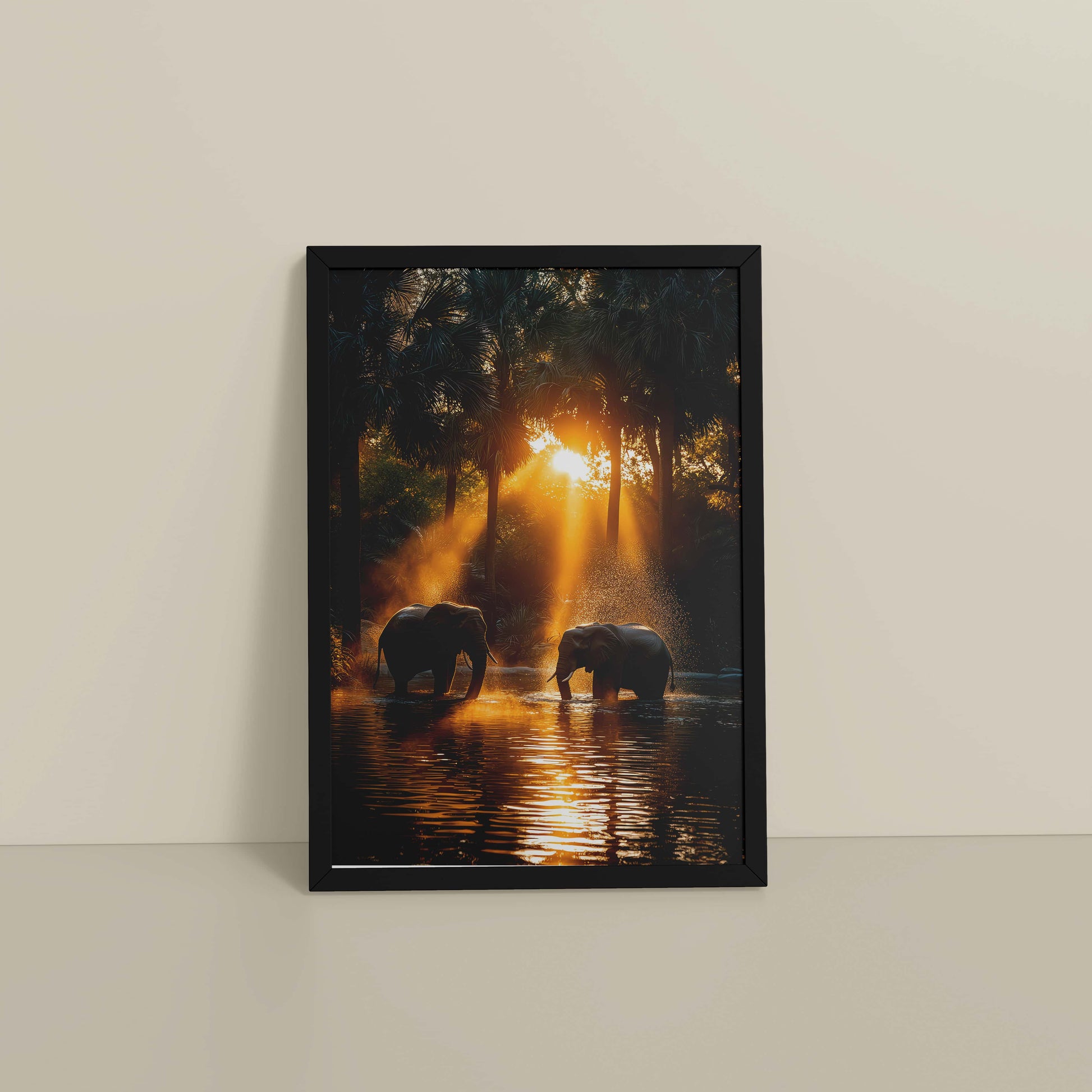 Floor View of Glorious Dawn – Elephants in Nature Wall Frame in Black Color Frame