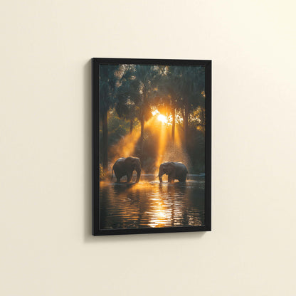 Side View of Glorious Dawn – Elephants in Nature Wall Frame in Black Color Frame