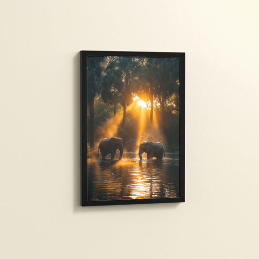 Side View of Glorious Dawn – Elephants in Nature Wall Frame in Black Color Frame