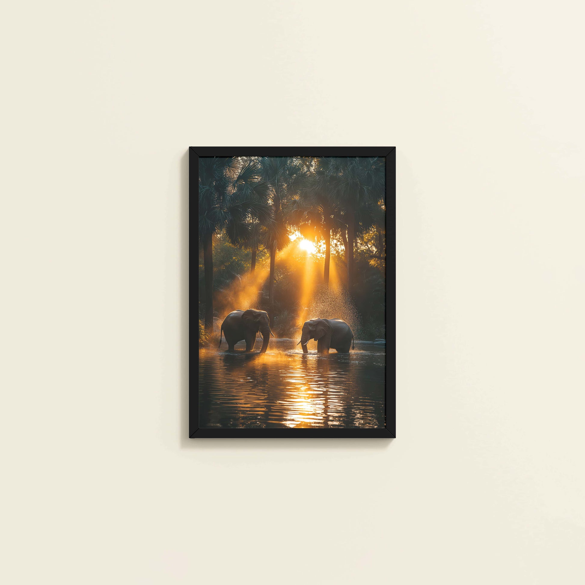 Wall View of Glorious Dawn – Elephants in Nature Wall Frame in Black Color Frame