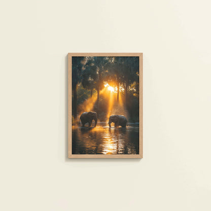 Wall View of Glorious Dawn – Elephants in Nature Wall Frame in Natrual Color Frame
