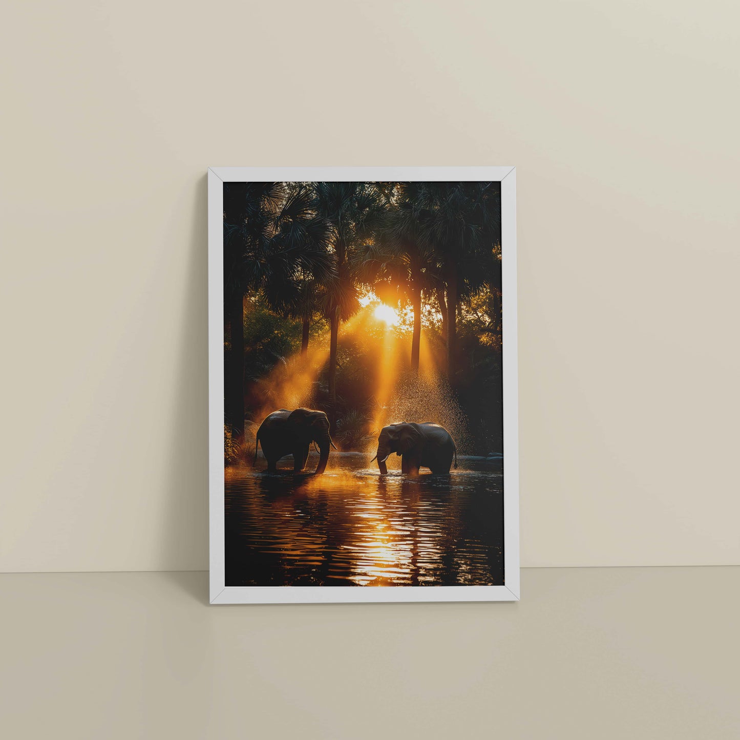 Floor View of Glorious Dawn – Elephants in Nature Wall Frame in White Color Frame