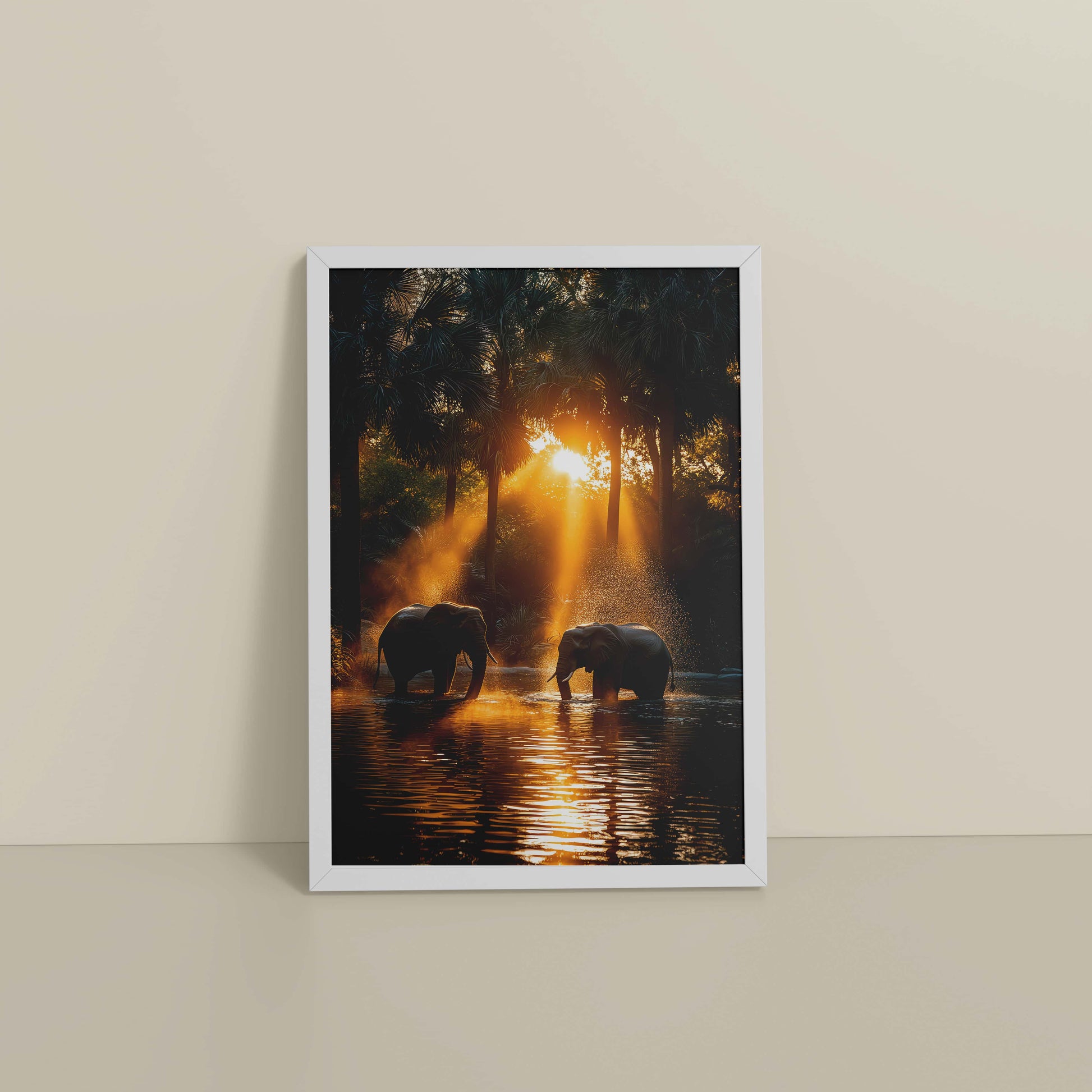 Floor View of Glorious Dawn – Elephants in Nature Wall Frame in White Color Frame