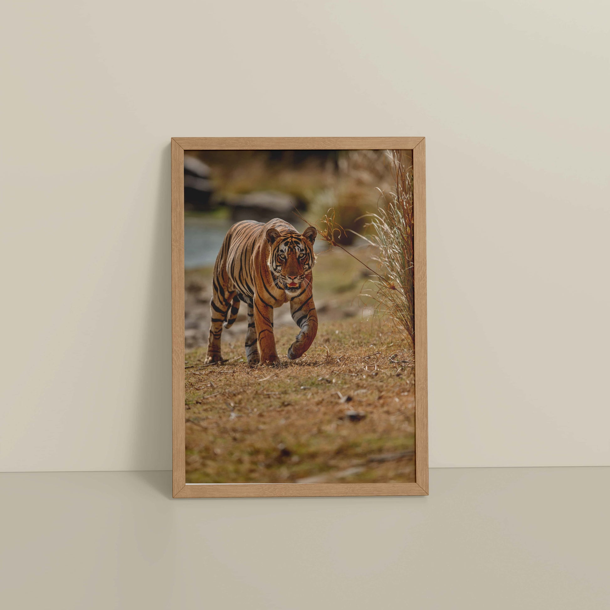 Floor View of Wild Majesty – Bengal Tiger in Forest Wall Decor in Natrual Color Frame