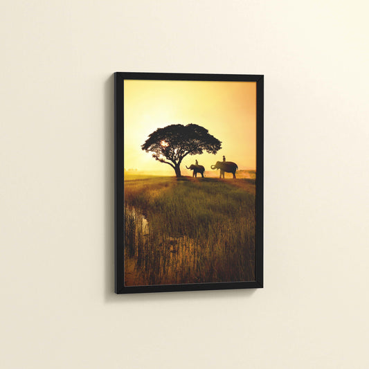 Side View of Sunset Serenity – Elephants Under Tree Wall Art in Black Color Frame