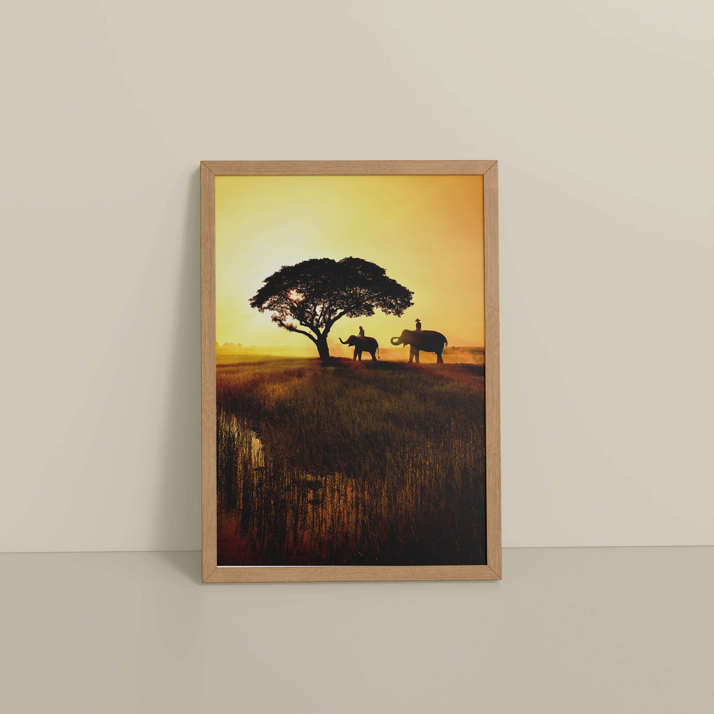 Floor View of Sunset Serenity – Elephants Under Tree Wall Art in Natrual Color Frame