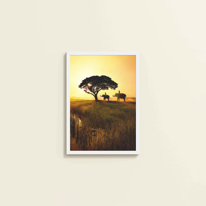 Wall View of Sunset Serenity – Elephants Under Tree Wall Art in White Color Frame