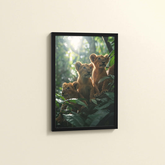 Side View of Curious Cubs – Lion Trio in the Forest Photo Frame in Black Color Frame