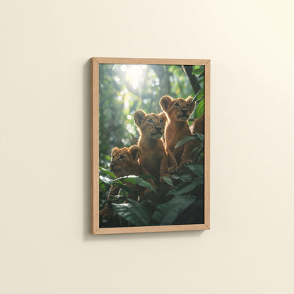 Side View of Curious Cubs – Lion Trio in the Forest Photo Frame in Natrual Color Frame