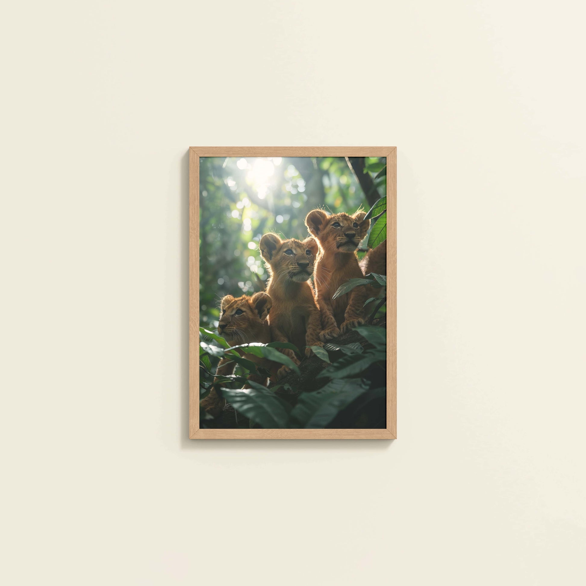 Wall View of Curious Cubs – Lion Trio in the Forest Photo Frame in Natrual Color Frame