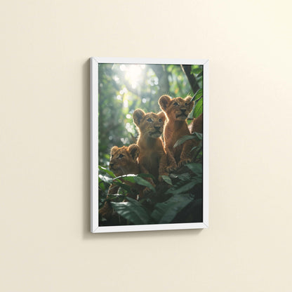Side View of Curious Cubs – Lion Trio in the Forest Photo Frame in White Color Frame
