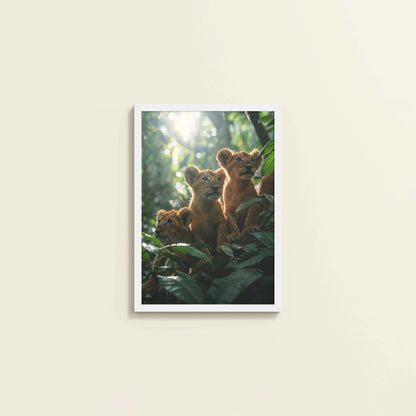 Wall View of Curious Cubs – Lion Trio in the Forest Photo Frame in White Color Frame