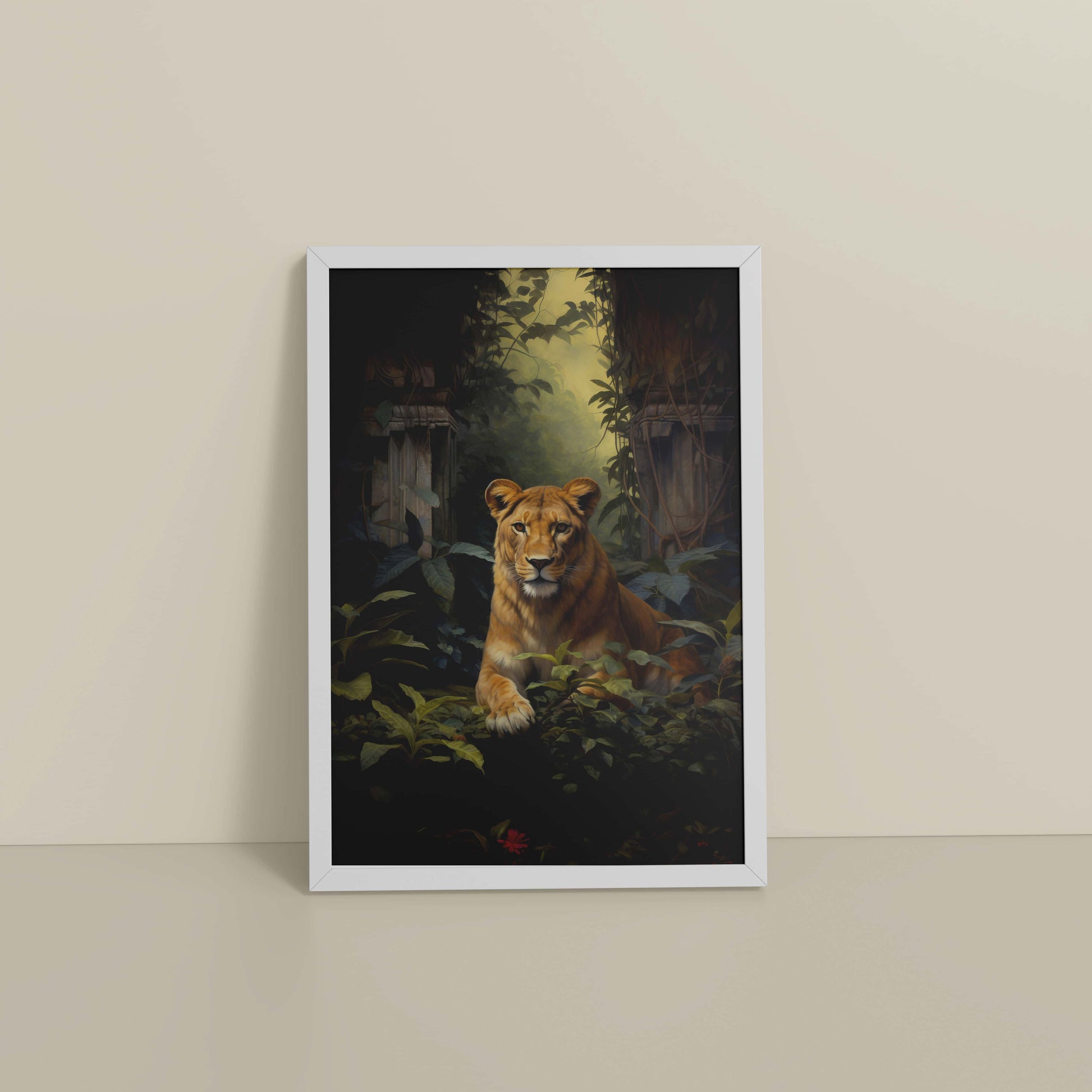 Floor View of Pride of the Wild – Lion Wall Art & Photo Frame in White Color Frame