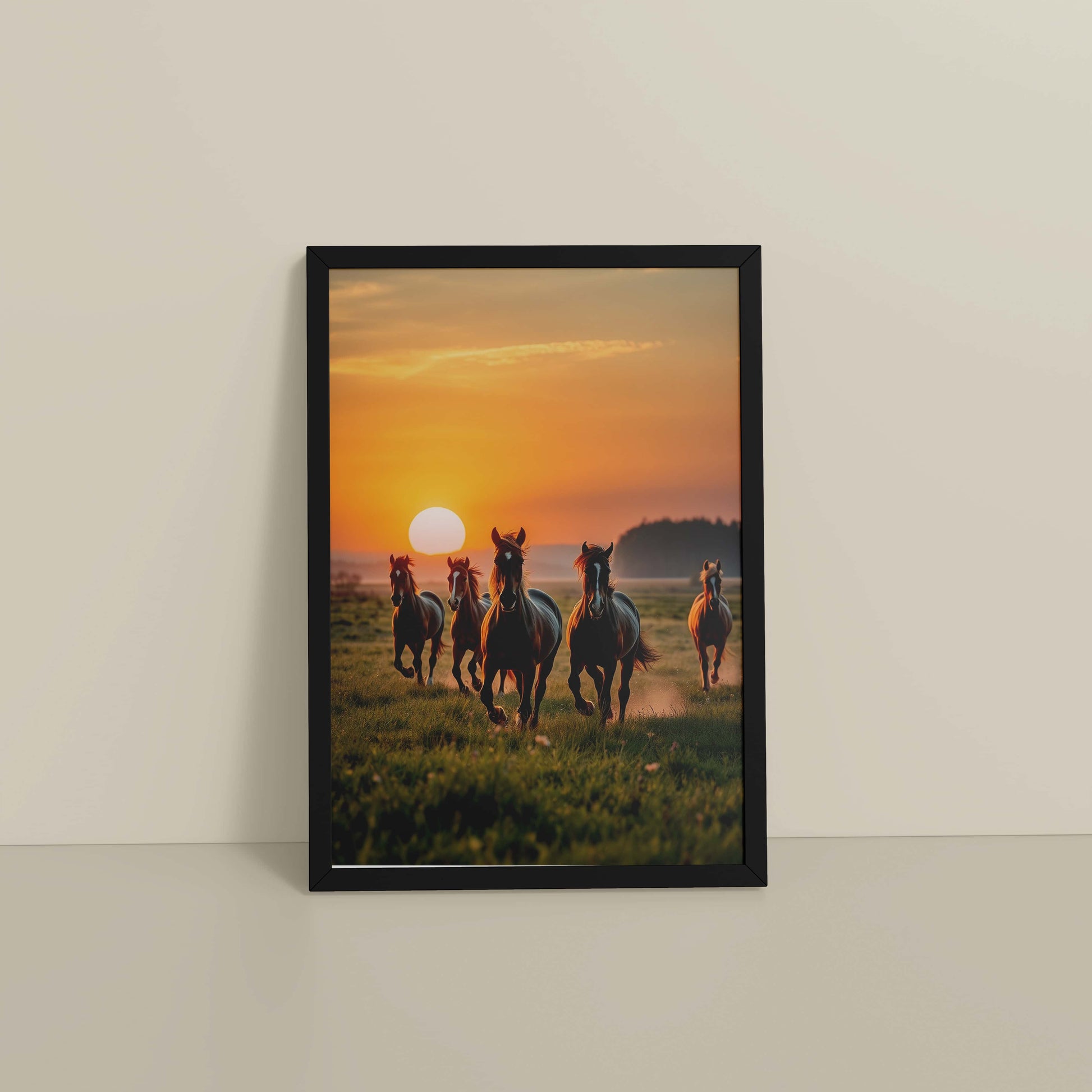 Floor View of Sunrise Spirit – Running Horses in Wall Art & Frame in Black Color Frame