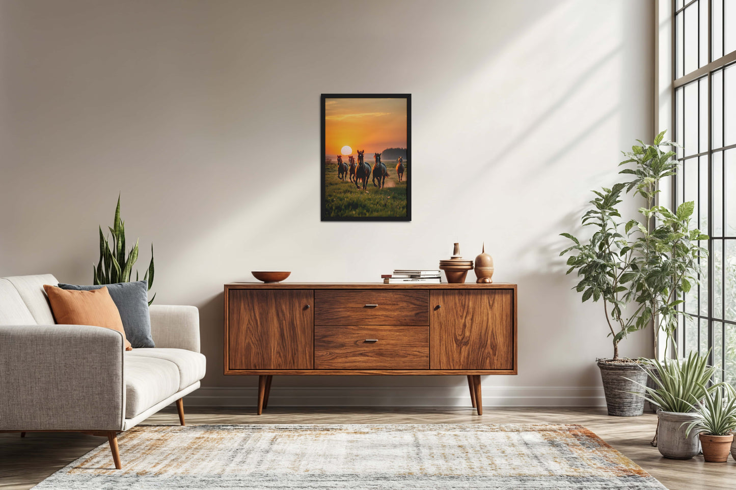 Living Room Sofa Preview of Sunrise Spirit – Running Horses in Wall Art & Frame in Black Color Frame