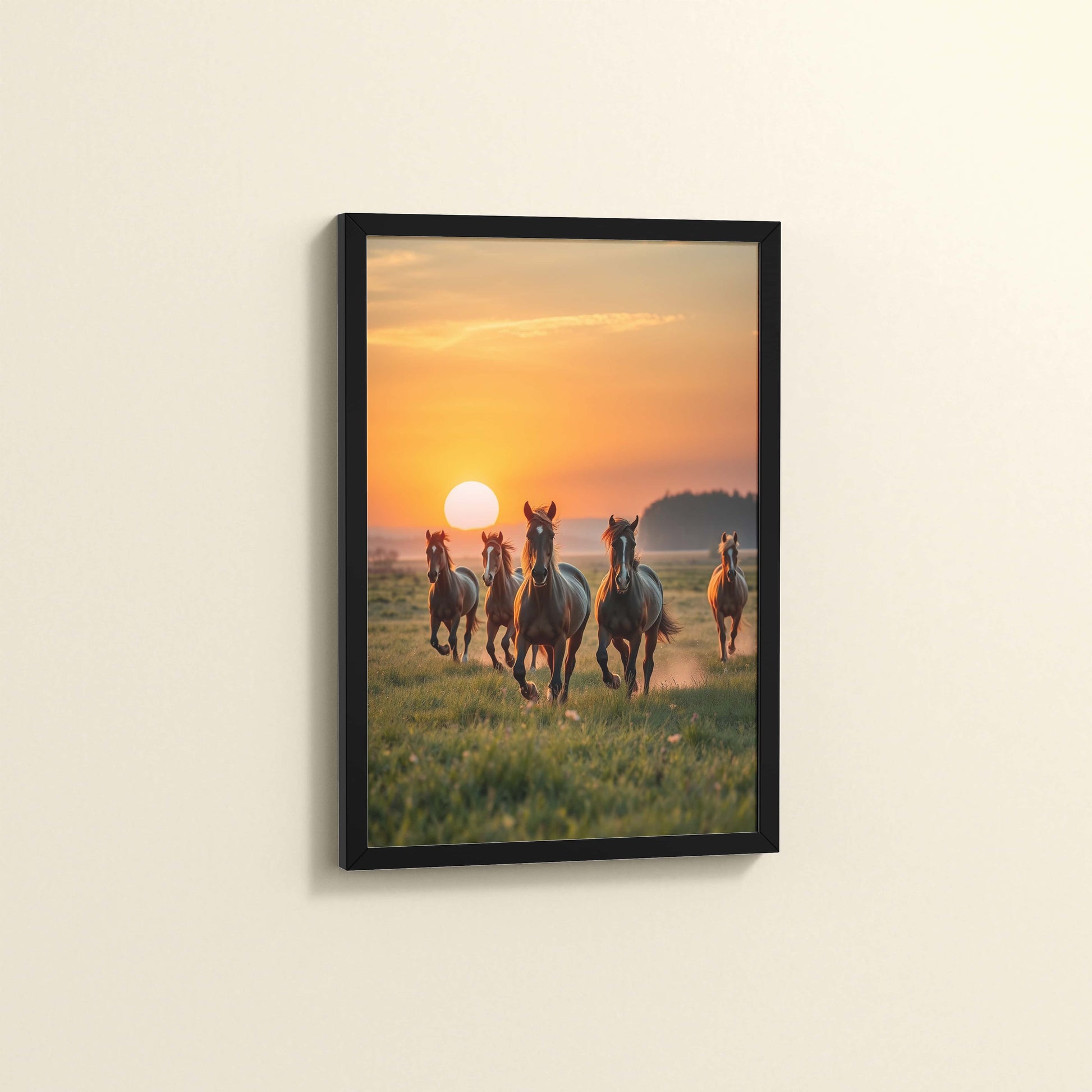 Side View of Sunrise Spirit – Running Horses in Wall Art & Frame in Black Color Frame