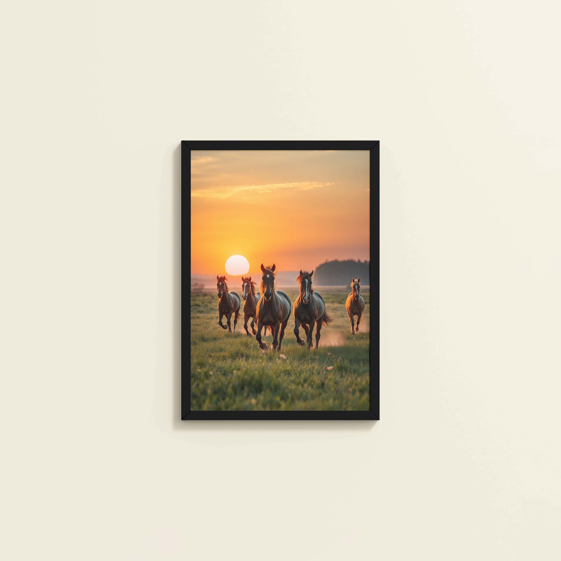 Wall View of Sunrise Spirit – Running Horses in Wall Art & Frame in Black Color Frame