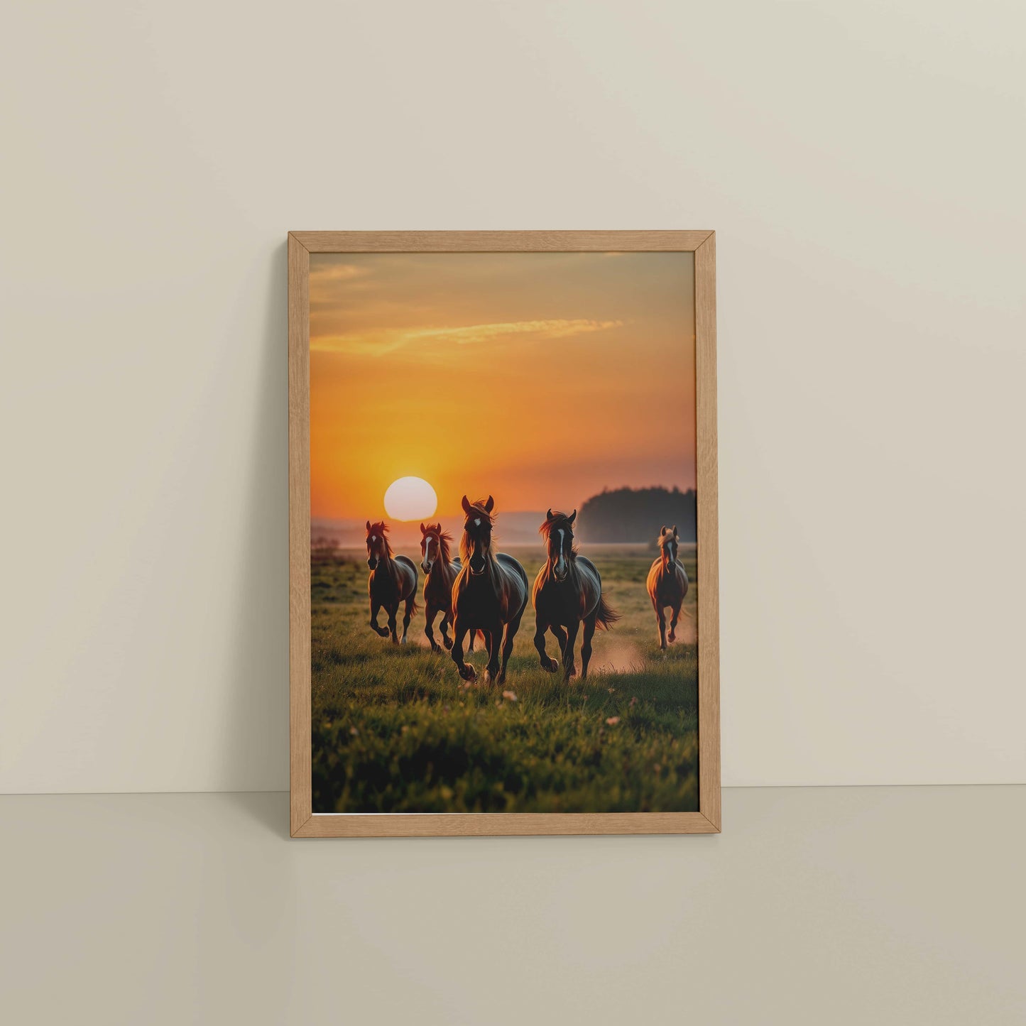 Floor View of Sunrise Spirit – Running Horses in Wall Art & Frame in Natrual Color Frame