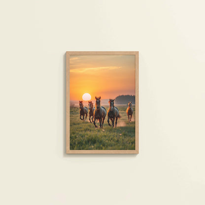 Wall View of Sunrise Spirit – Running Horses in Wall Art & Frame in Natrual Color Frame