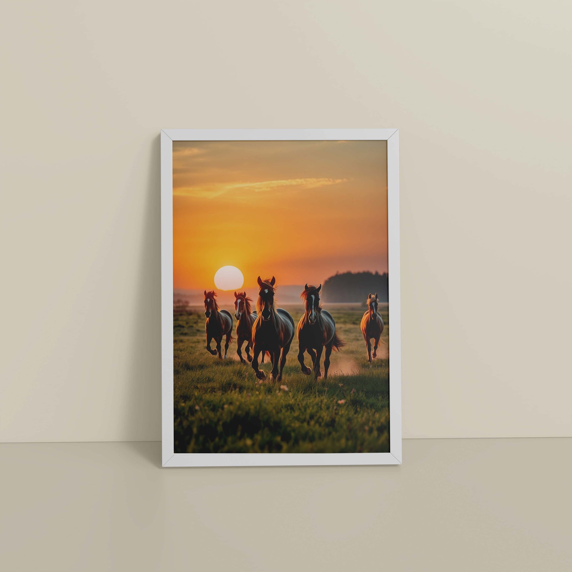 Floor View of Sunrise Spirit – Running Horses in Wall Art & Frame in White Color Frame