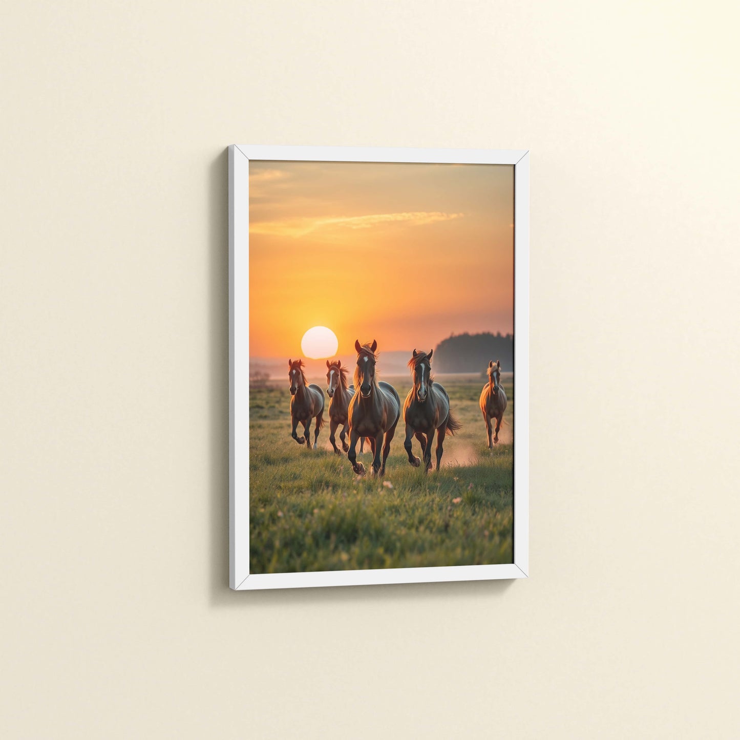 Side View of Sunrise Spirit – Running Horses in Wall Art & Frame in White Color Frame