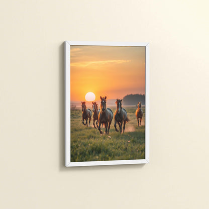 Side View of Sunrise Spirit – Running Horses in Wall Art & Frame in White Color Frame